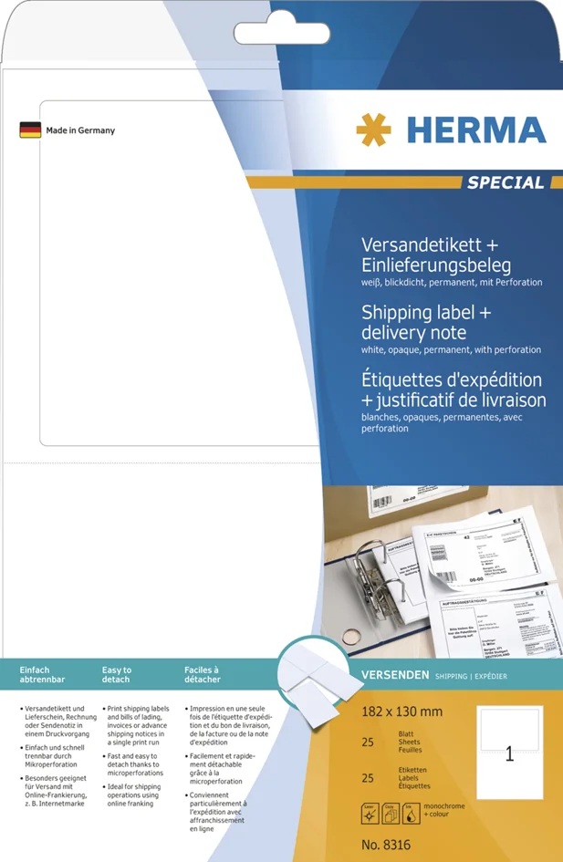 HERMA Etiquettes d'expédition + preuve de dépôt SPECIAL — 182 × 130 mm - OEM 8316