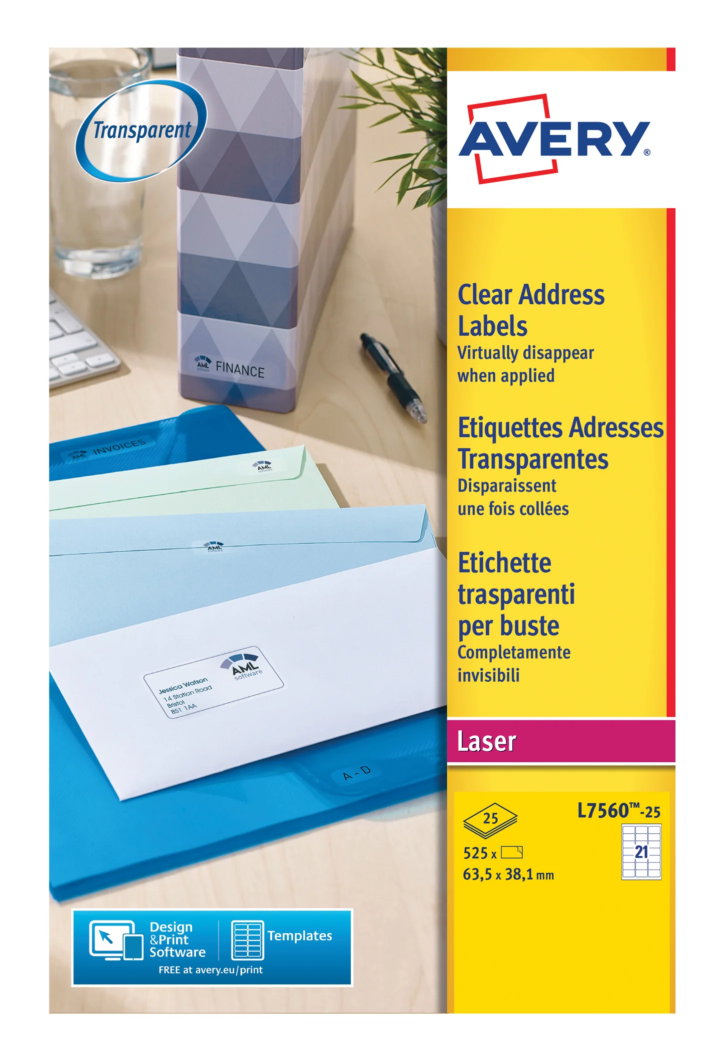 AVERY Etiquette d'adresse, 99,1 x 38,1 mm, transparent - OEM L7563-25.FR