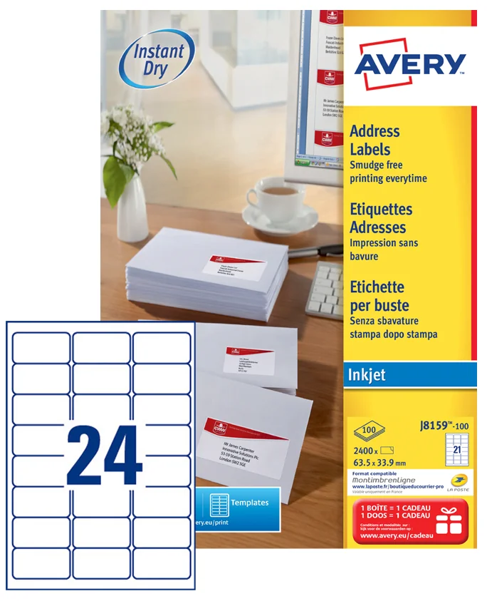 AVERY Etiquette d'adresse jet d'encre, 63,5 x 33,9 mm, blanc - OEM J8159-100.FR