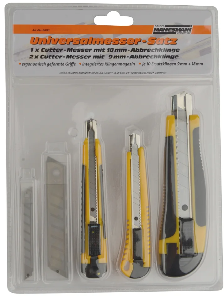BRÜDER MANNESMANN Kit de cutters, 3 pièces, noir / jaune — Lame 9 / 18 mm - OEM M60125
