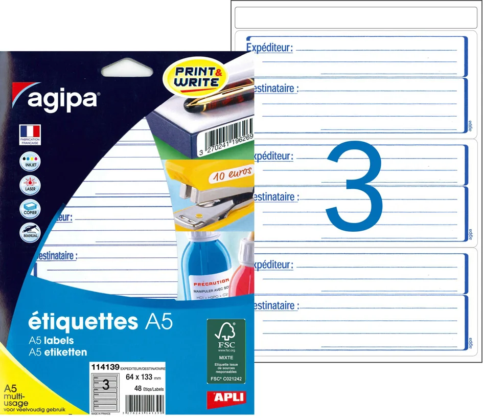 agipa Etiquettes 'expéditeur/destinataire', 64 x 133 mm - OEM 114139