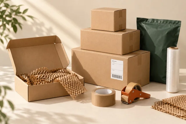 Cartons kraft, pochette et accessoires de préparation de colis